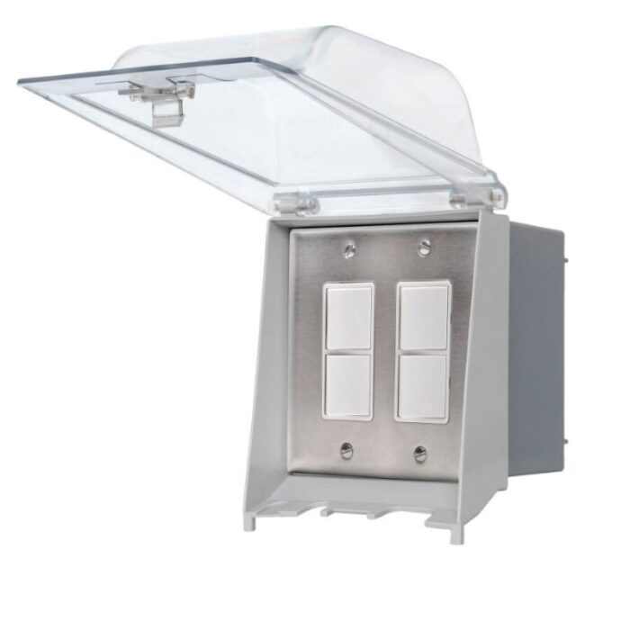 Weatherproof electrical switch box with transparent cover and two white switches, designed for outdoor use.