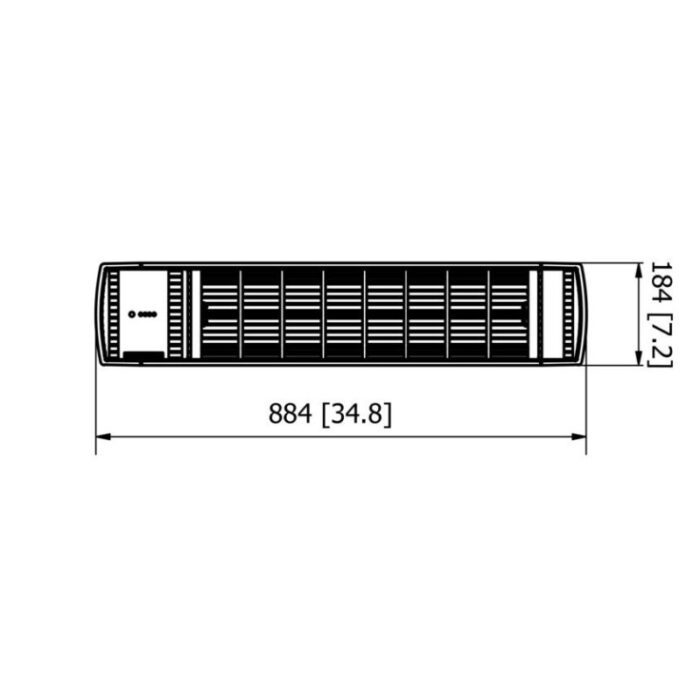 Diagram of a rectangular air conditioning unit with dimensions 884 mm (34.8 in) width and 184 mm (7.2 in) height, showcasing its design and specifications.