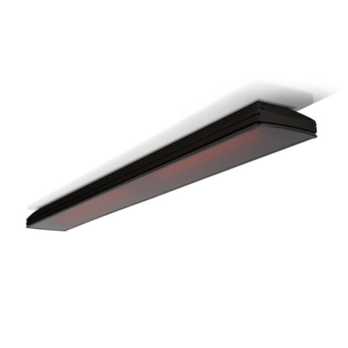 Black ceiling-mounted infrared heating lamp designed for efficient warmth in indoor spaces.