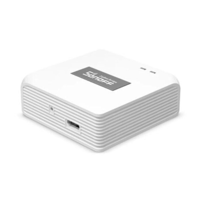 Sonoff smart home device in white, featuring a compact design with a logo on top and multiple ports for connectivity.