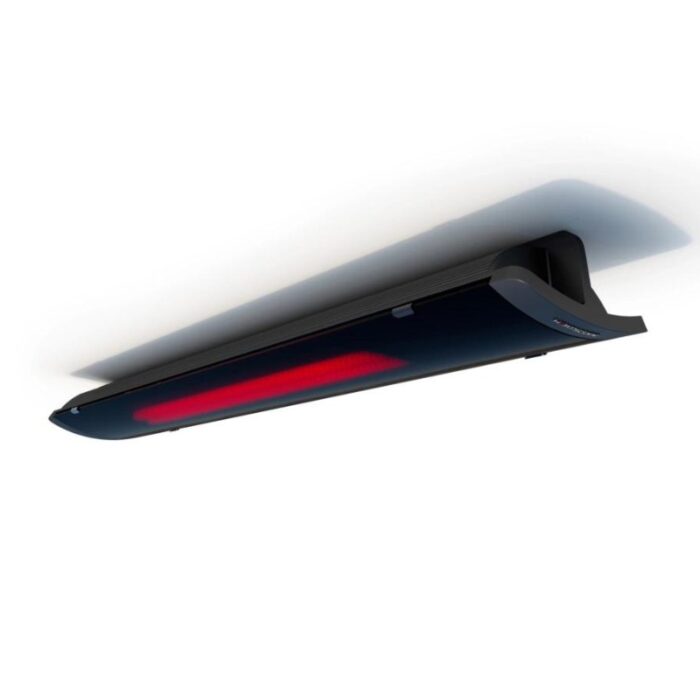 Ceiling-mounted infrared heater with a sleek black design and red heating element, ideal for efficient indoor heating.