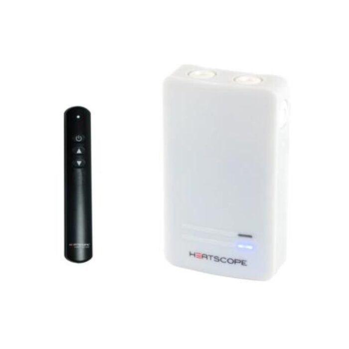 Heatscope infrared heater with remote control, featuring a sleek white design and user-friendly interface.