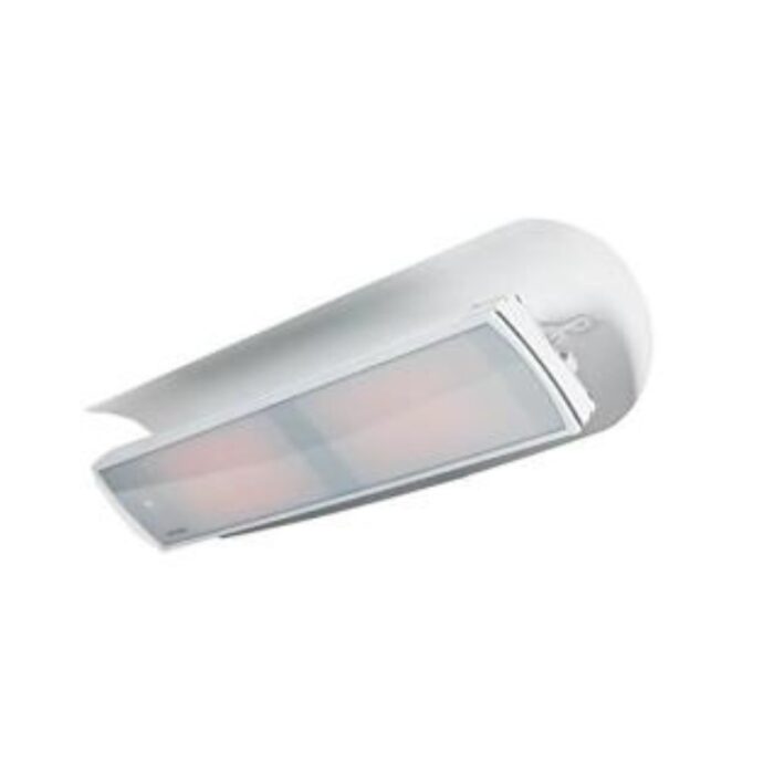 Modern white ceiling-mounted heater with a sleek design, featuring a rectangular heating panel.