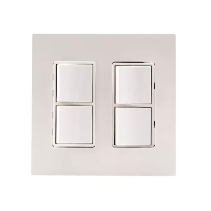 Modern light switch panel with four buttons in a sleek white design.