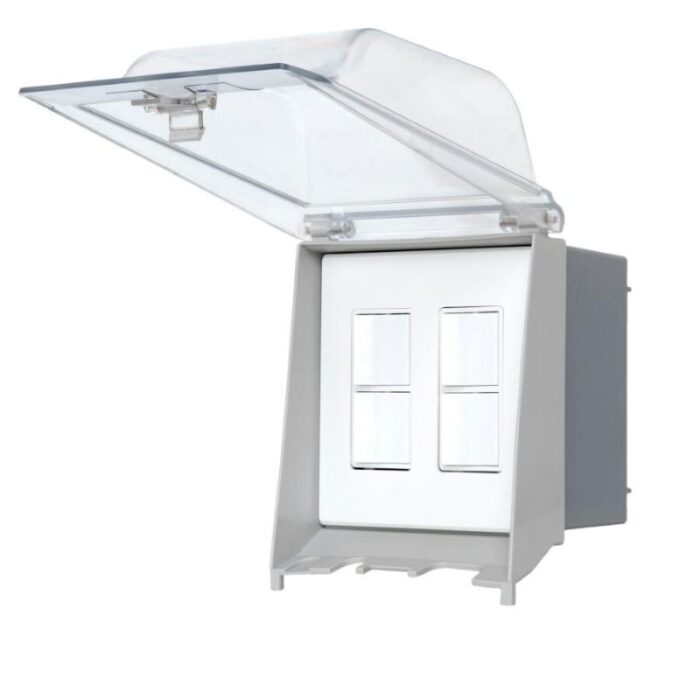 Weatherproof electrical outlet cover with a transparent hinged lid, designed for outdoor use.