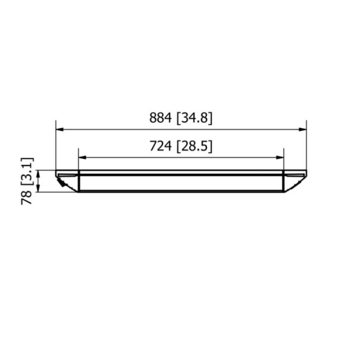 Dimensioned technical drawing of a flat surface, measuring 884mm (34.8 inches) in length, 724mm (28.5 inches) in width, and 78mm (3.1 inches) in height.