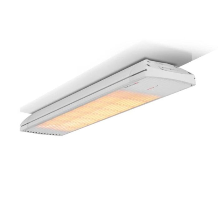 Ceiling-mounted infrared heater with a sleek white design, featuring a warm light panel for efficient heating. Ideal for indoor and outdoor spaces.