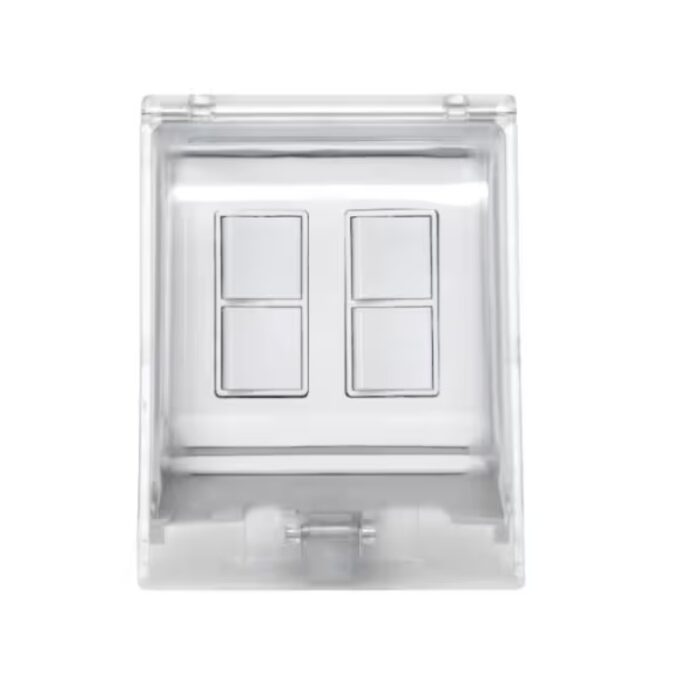 Clear electrical switch cover with two rectangular switch openings, designed for easy access and protection.