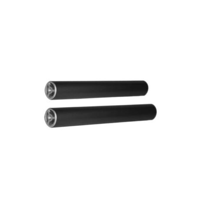 Black rubber rollers with metal ends, ideal for various industrial applications and equipment maintenance.