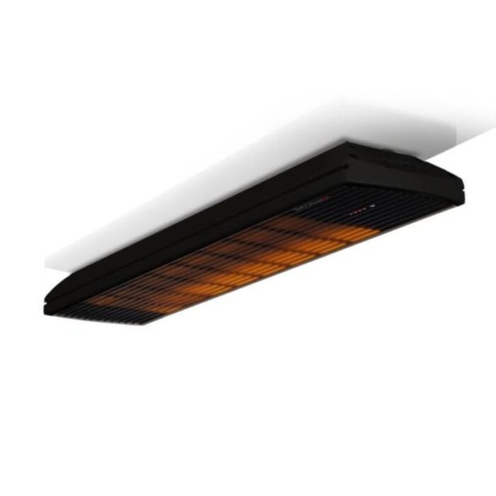 Ceiling-mounted infrared heater with a sleek black design and glowing orange heating element.