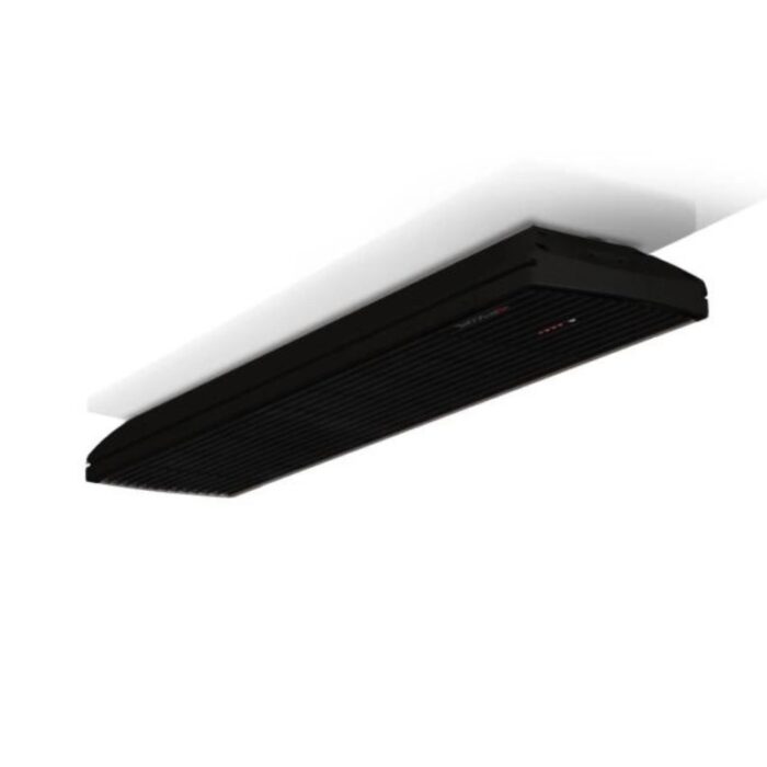 Ceiling-mounted black heater with a sleek design, ideal for efficient heating in residential or commercial spaces.