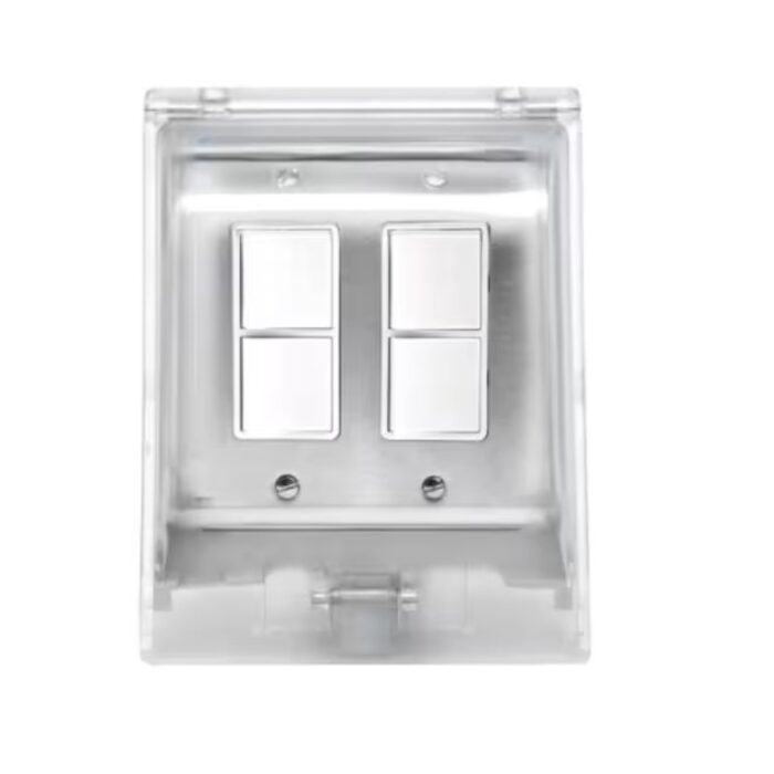 Modern wall switch panel with four buttons in a sleek silver finish, set in a transparent cover.