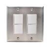 Double light switch with white buttons on a stainless steel plate.
