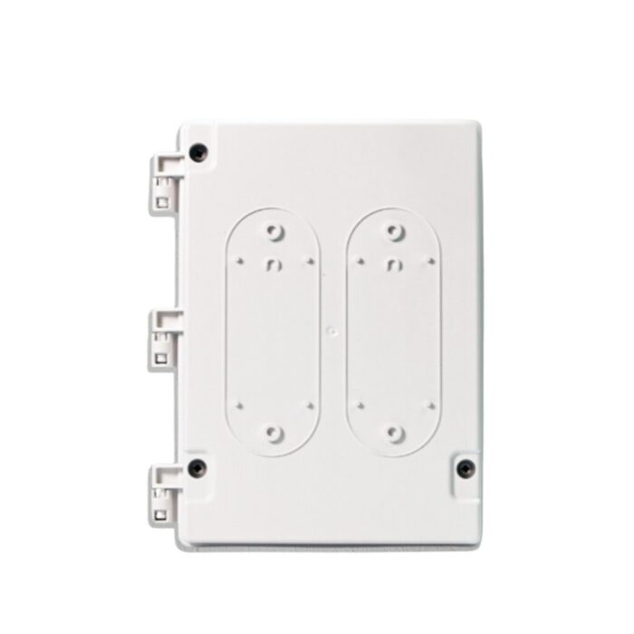 White electrical junction box with two oval openings for wiring connections, designed for wall mounting.