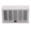 White electronic device with vertical gray vents, designed for efficient heat dissipation. Ideal for home or office use.