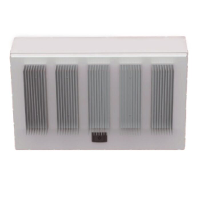 White electronic device with vertical gray vents, designed for efficient heat dissipation. Ideal for home or office use.