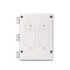 White electronic junction box with dual mounting holes and side clips for secure installation.