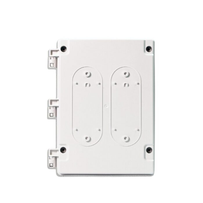 White electronic junction box with dual mounting holes and side clips for secure installation.