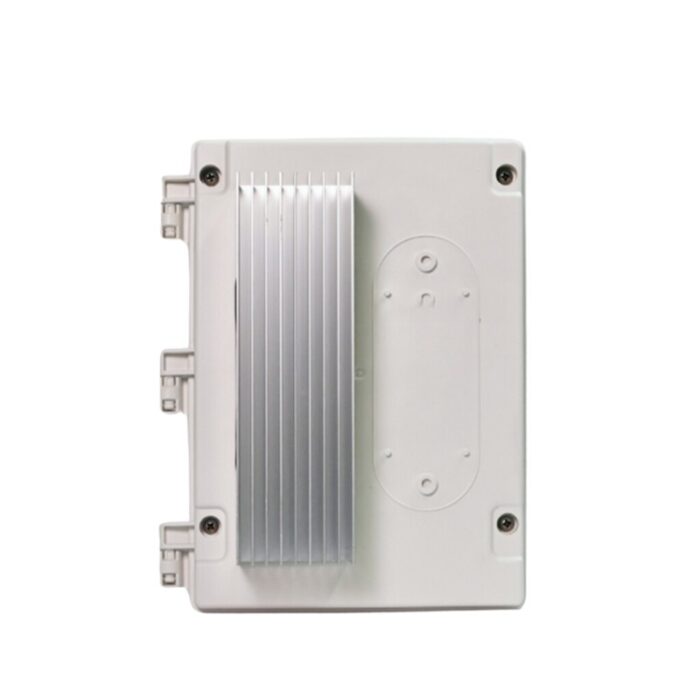 White electronic device with aluminum heat sink and mounting points, designed for efficient cooling and installation.