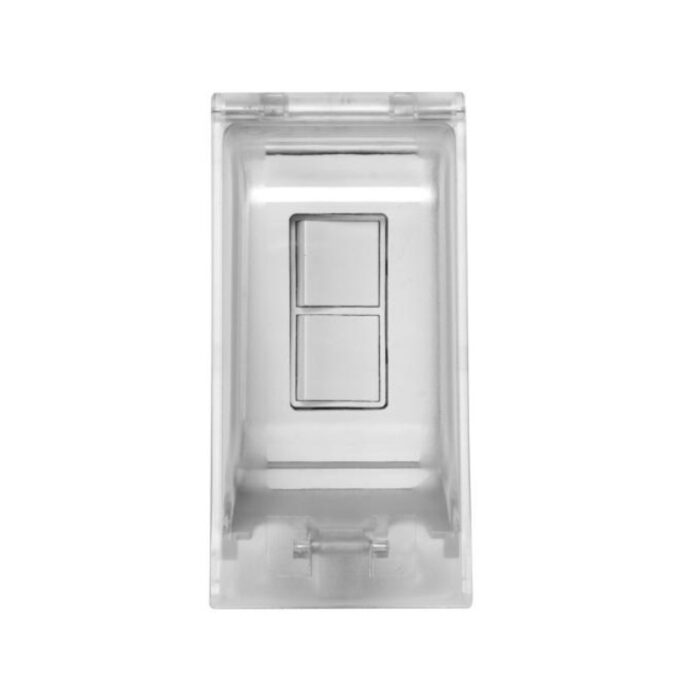 Clear plastic switch cover with two rectangular openings for light switches or buttons. Ideal for home or office use to protect and enhance switch functionality.