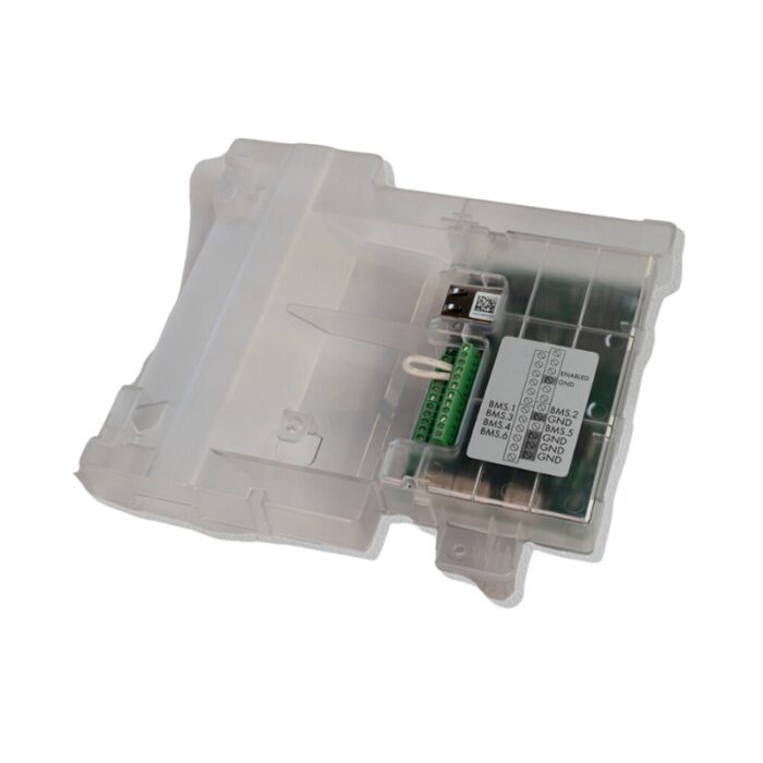Battery management system (BMS) module in a transparent protective case, featuring USB and connection ports for battery monitoring.