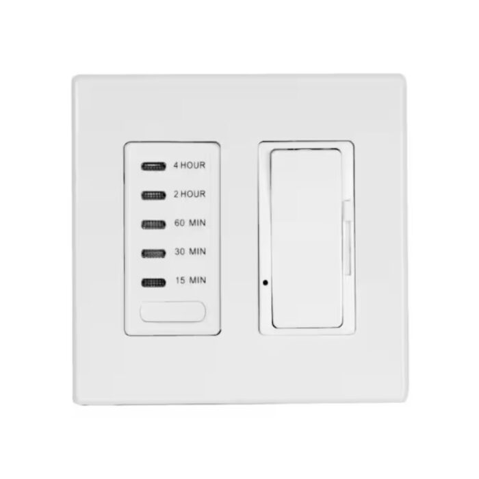 White wall timer switch with multiple time settings: 15 minutes, 30 minutes, 60 minutes, 2 hours, and 4 hours.
