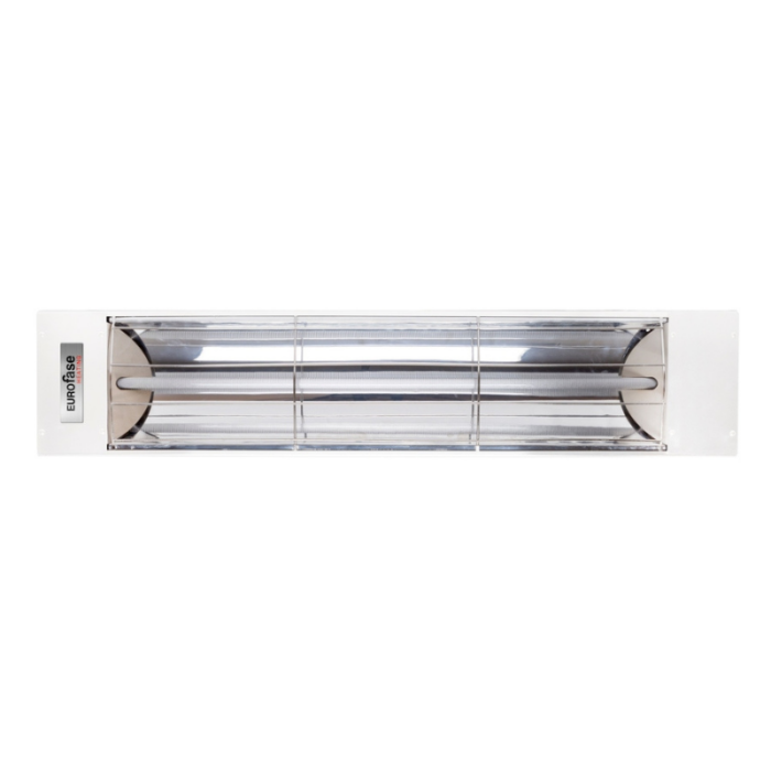 Electric infrared heater with a sleek design, featuring a stainless steel reflector and a durable housing for efficient heating in indoor and outdoor spaces.