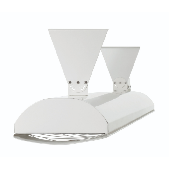 Modern white industrial light fixture with a sleek design, featuring two conical shades and a wire guard, ideal for commercial and retail spaces.