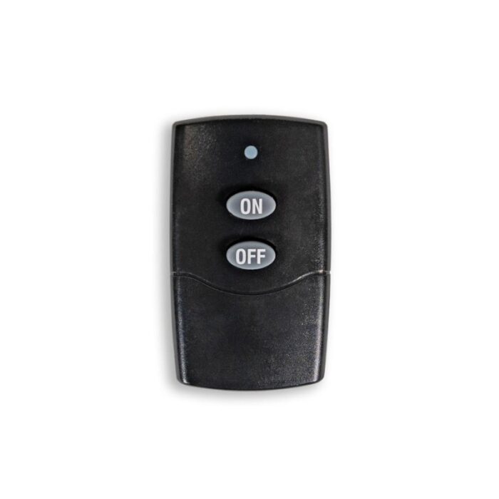 Black remote control with "ON" and "OFF" buttons, designed for easy operation of electronic devices.