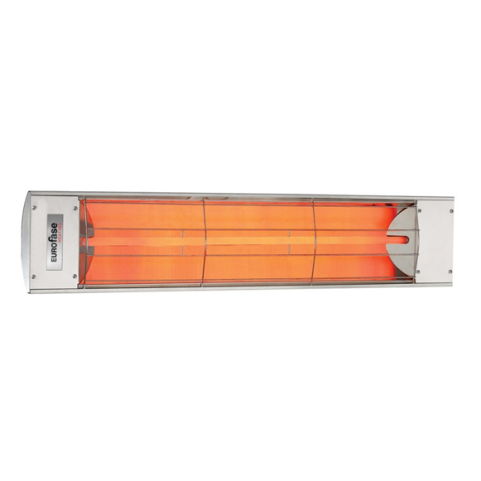 Infrared patio heater with stainless steel design and orange heating element, ideal for outdoor heating and ambiance.