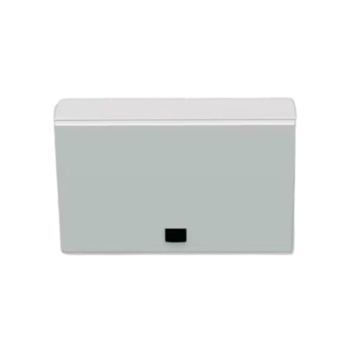 Gray electrical junction box with a white lid and a black access point at the bottom. Ideal for housing electrical connections.