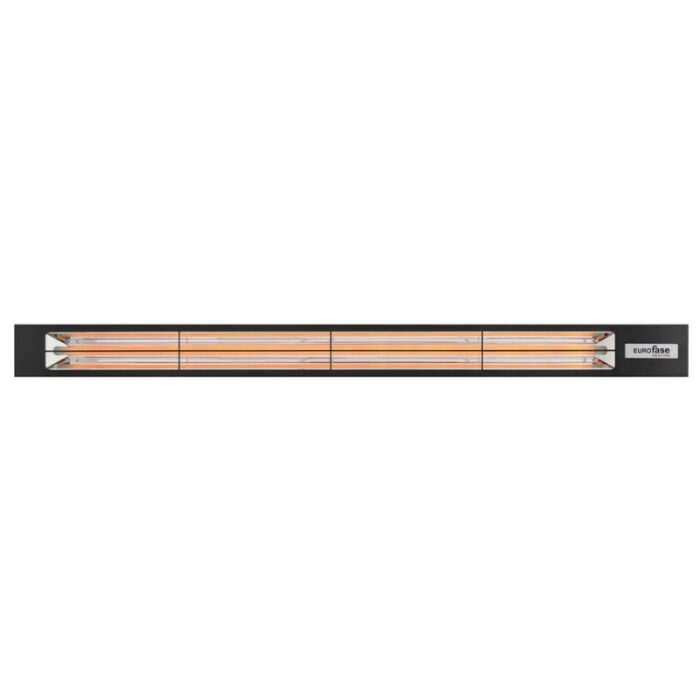 Infrared heating lamp with four heating tubes, designed for outdoor use, featuring a sleek black casing and Eurofase branding.