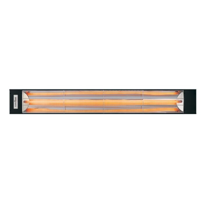 Infrared heating lamp designed for efficient outdoor heating, featuring dual heating elements and a sleek black housing. Ideal for patios and outdoor spaces.