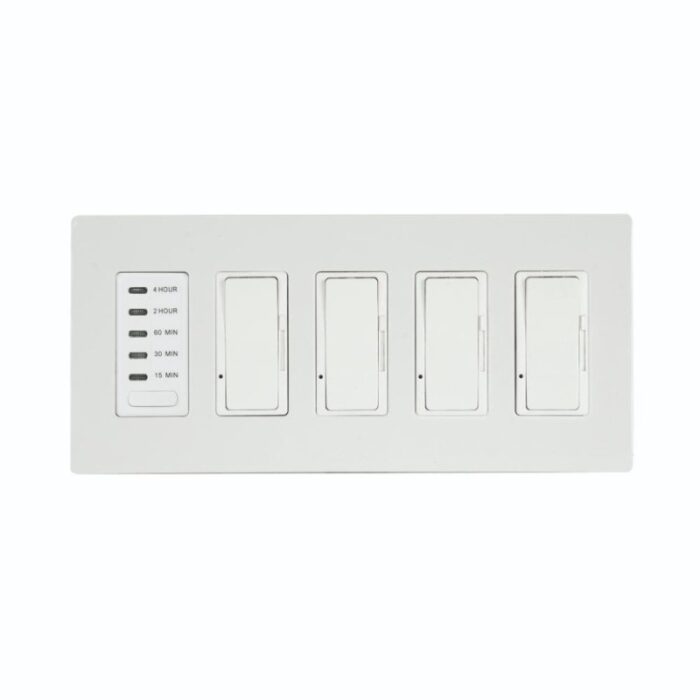 Smart light switch with programmable timer settings for 15 minutes, 30 minutes, 60 minutes, 2 hours, and 4 hours.