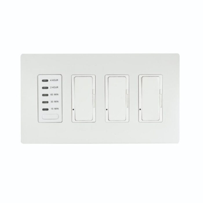 White wall switch panel with three toggle switches and a timer control for 4-hour, 2-hour, 60-minute, 30-minute, and 15-minute settings.
