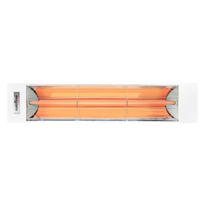 Infrared heating lamp with orange heating elements and a sleek white casing, designed for efficient warmth and comfort in indoor spaces.