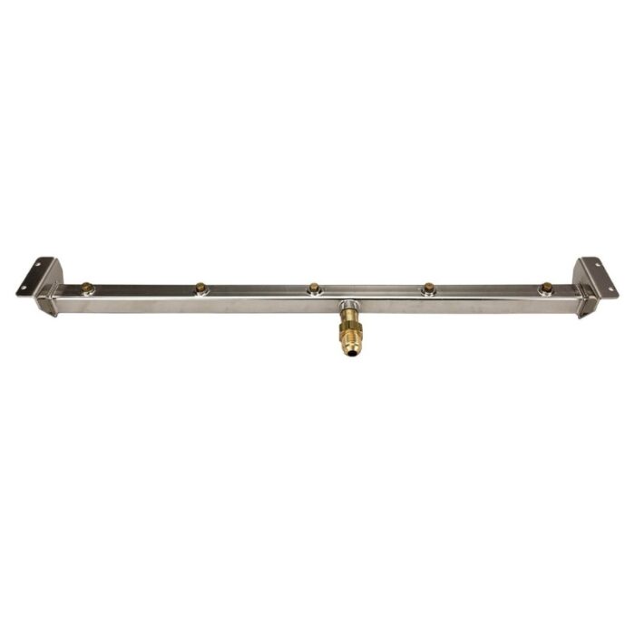 Stainless steel gas manifold with multiple outlets and a brass connection fitting for efficient gas distribution in appliances.