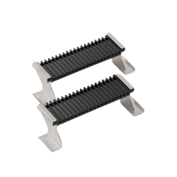 Metal and rubber gun rack risers for secure firearm storage, featuring a ribbed surface for grip and stability.