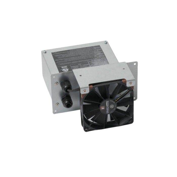 Compact cooling fan unit with integrated power supply, designed for efficient heat dissipation in electronic devices.
