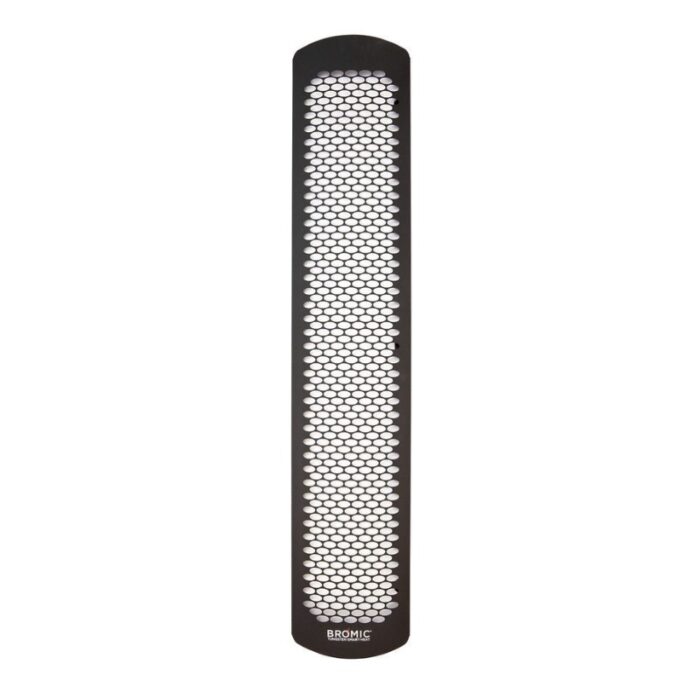 Bromic black mesh heater cover designed for efficient heat distribution and protection, featuring a sleek hexagonal pattern.
