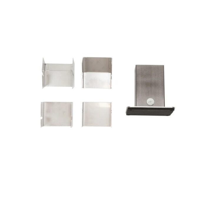 Stainless steel kitchen organizer set featuring four clear acrylic bins and one vertical holder for efficient storage and easy access to kitchen items.