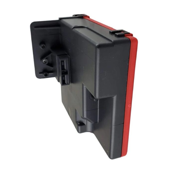 Black and red electronic device with a mounting bracket, designed for compatibility with various accessories.