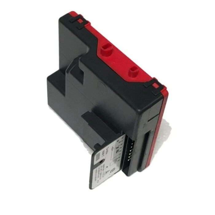 Black and red electronic component with a removable card slot, commonly used in automotive or industrial applications.