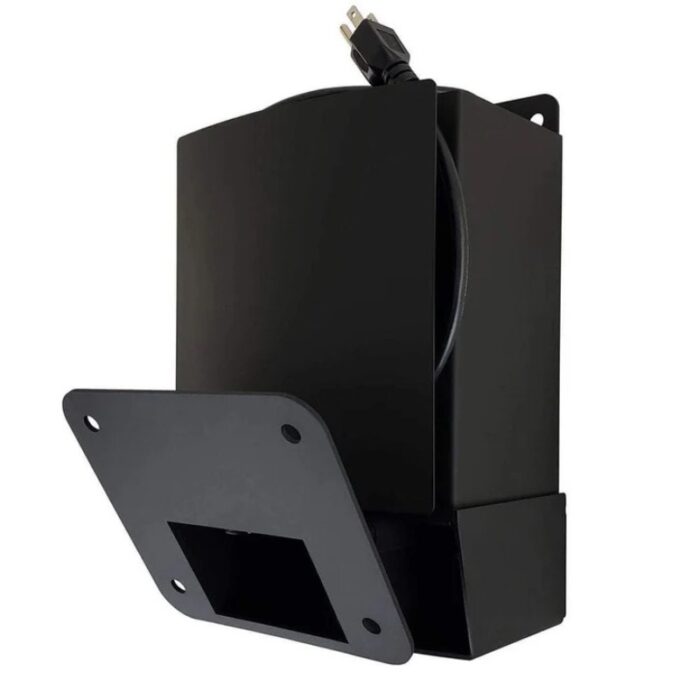 Black wall-mounted electrical outlet box with power cord and mounting plate. Ideal for home or office use.