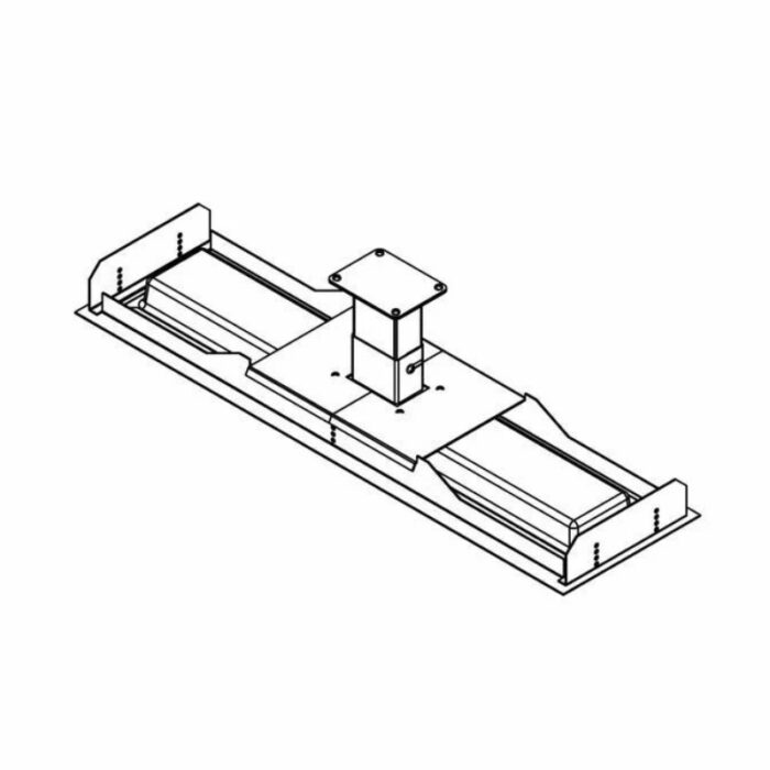 Technical drawing of a machinery component featuring a central support structure and two parallel tracks, designed for precise alignment and movement in industrial applications.
