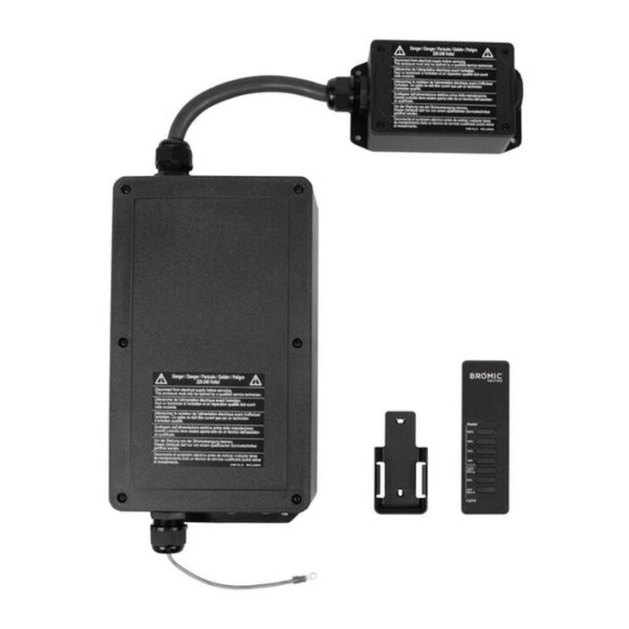 Bromic heating system components including a control box, remote control, and mounting bracket, designed for outdoor heating solutions.