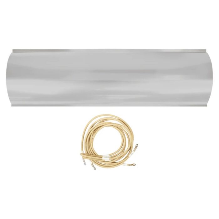 Stainless steel boat cover with tie-down straps for secure fastening.