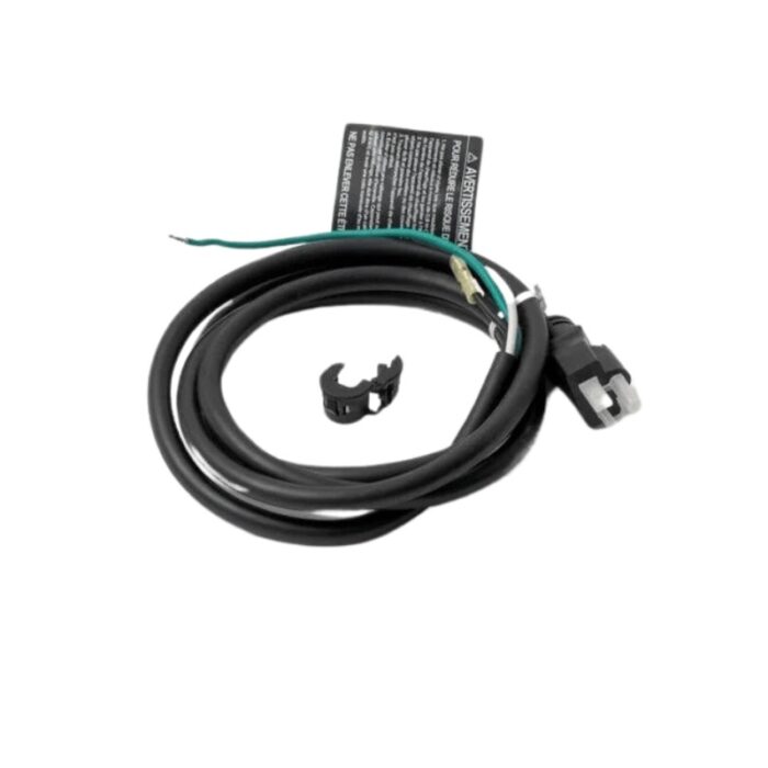 Electrical power cord with connector, grounding wire, and clip for secure installation. Suitable for various appliances and equipment.