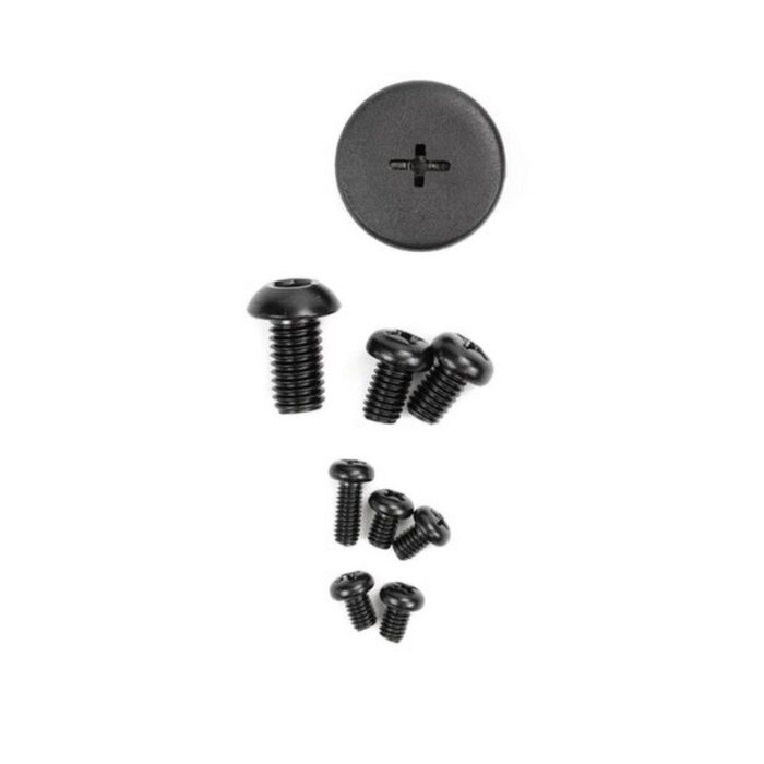 Assorted black screws and a cap, including various sizes of flat and round head screws suitable for assembly and repair tasks.
