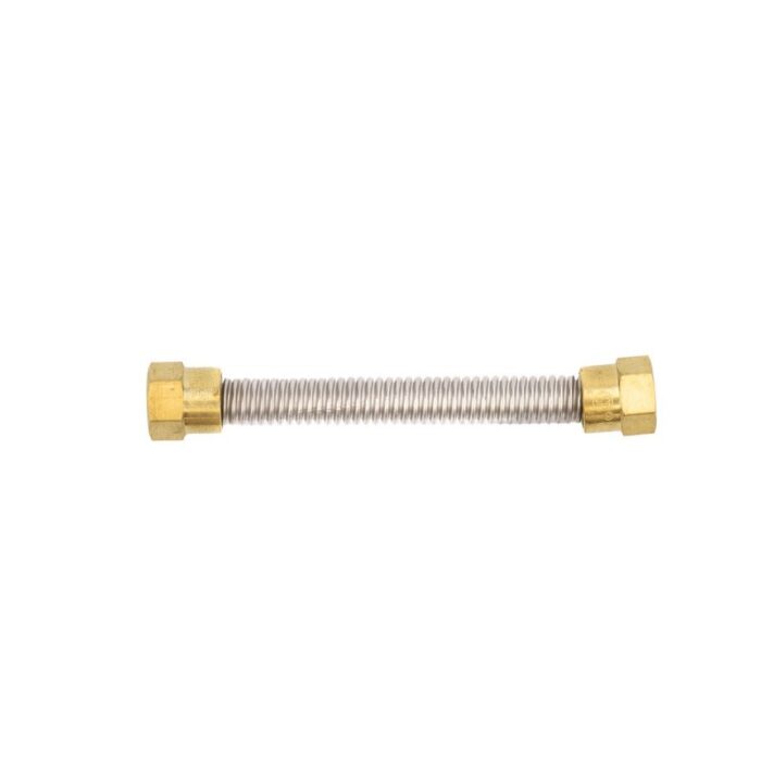 Metal flexible connector with brass ends and a stainless steel body, used for plumbing applications.